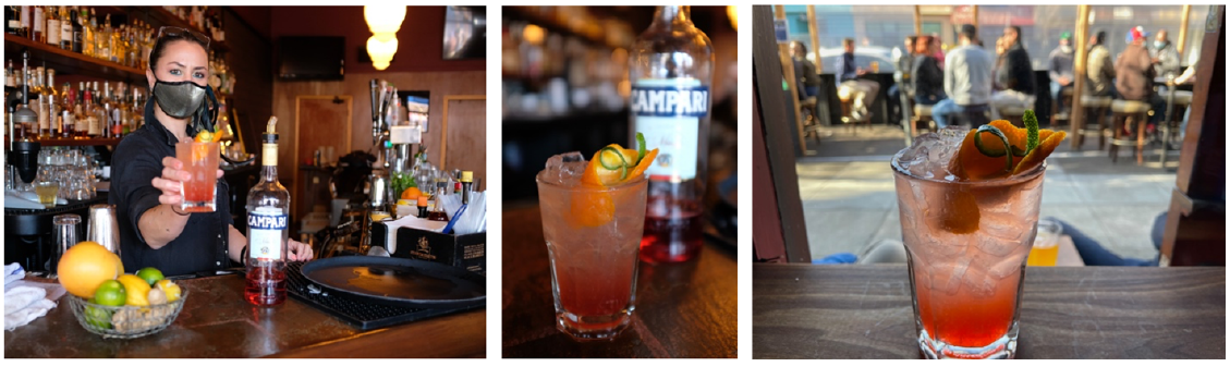 Bartender holding cocktail Stargazer and closeups of drink with parklet in background