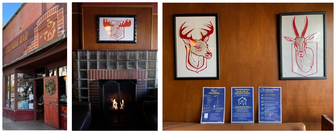 Outside view of Fireside Bar. Framed illustrations of deer mascots and a cozy fireplace. SF COVID-19 safety posters.