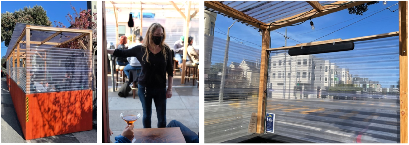 Parklet. Lisa chatting with customers in parklet.