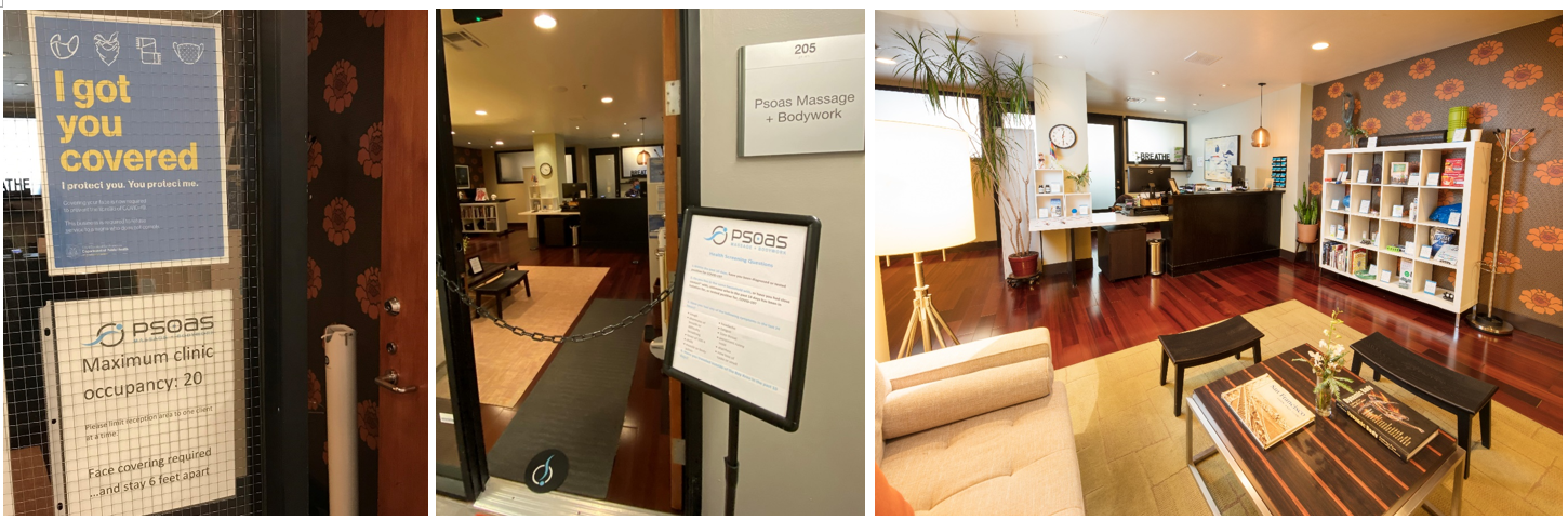 Three pictures of Psoas. Mask and occupancy limit signs outside Psoas. Front entrance chained as part of safety measures. Spacious lobby.