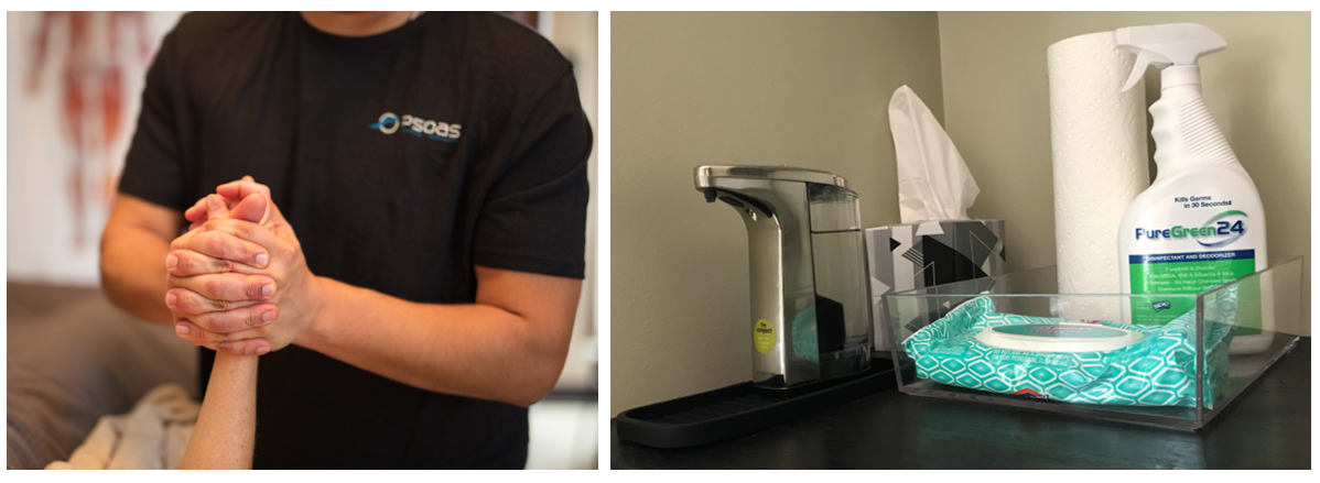 Two pictures. Therapist massaging client's hand. Sanitizing station on counter.