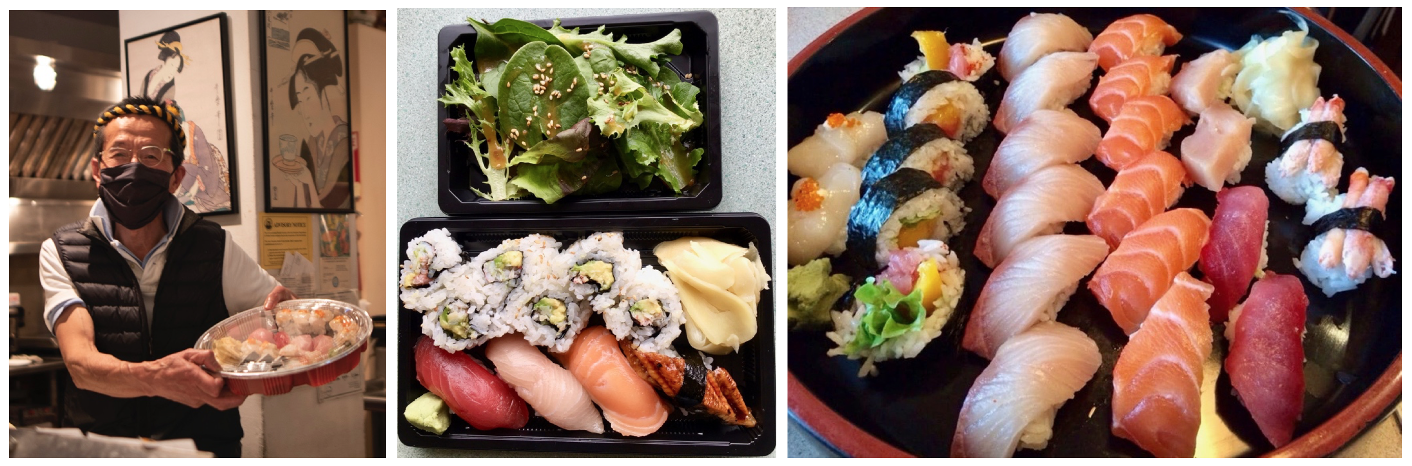 Three photos of Wayo Sushi restaurant in San Francisco.