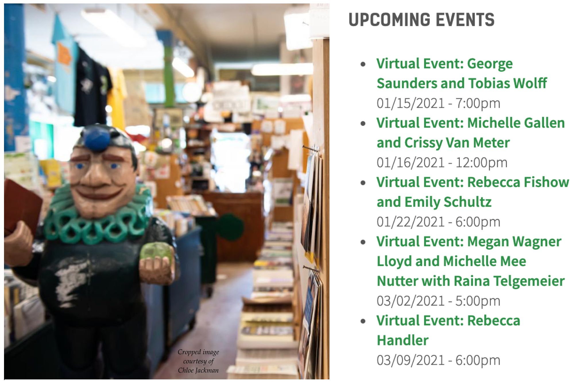 Image of interior of Green Apple Books and upcoming events.